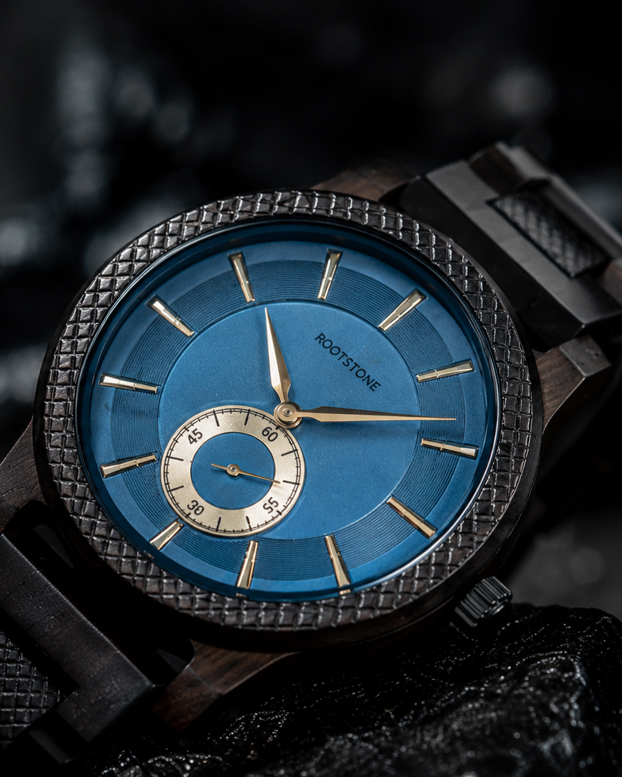Rootstone DYPRO Holzuhr aus schwarzem Holz mit blauem Zifferblatt – Ansicht 3
