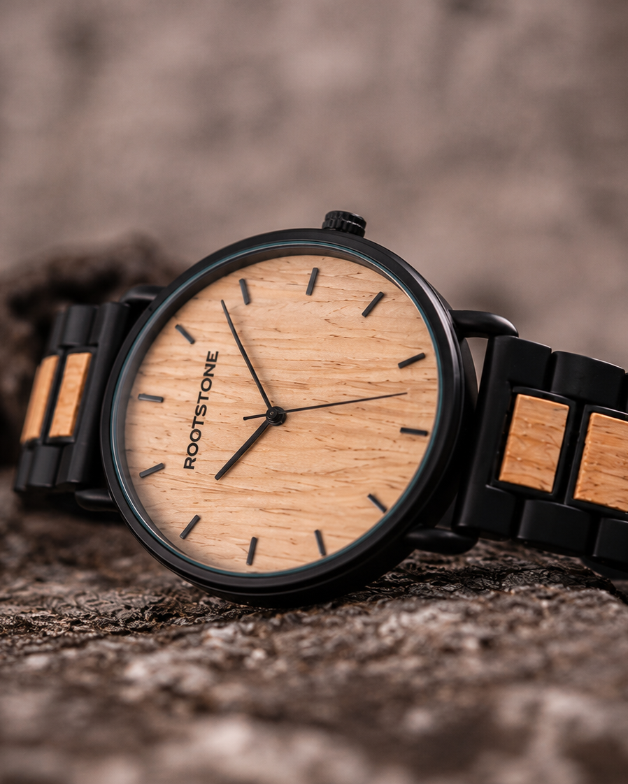 Rootstone LYSEIK Holzuhr aus White Oak und Metall – Ansicht 4