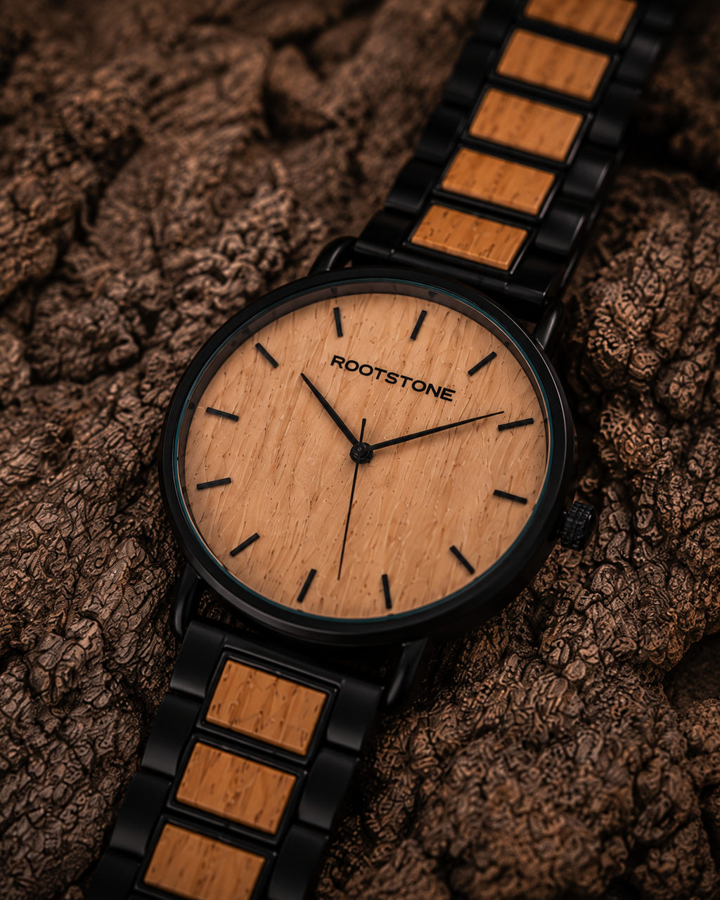Rootstone LYSEIK Holzuhr aus White Oak und Metall – Ansicht 1