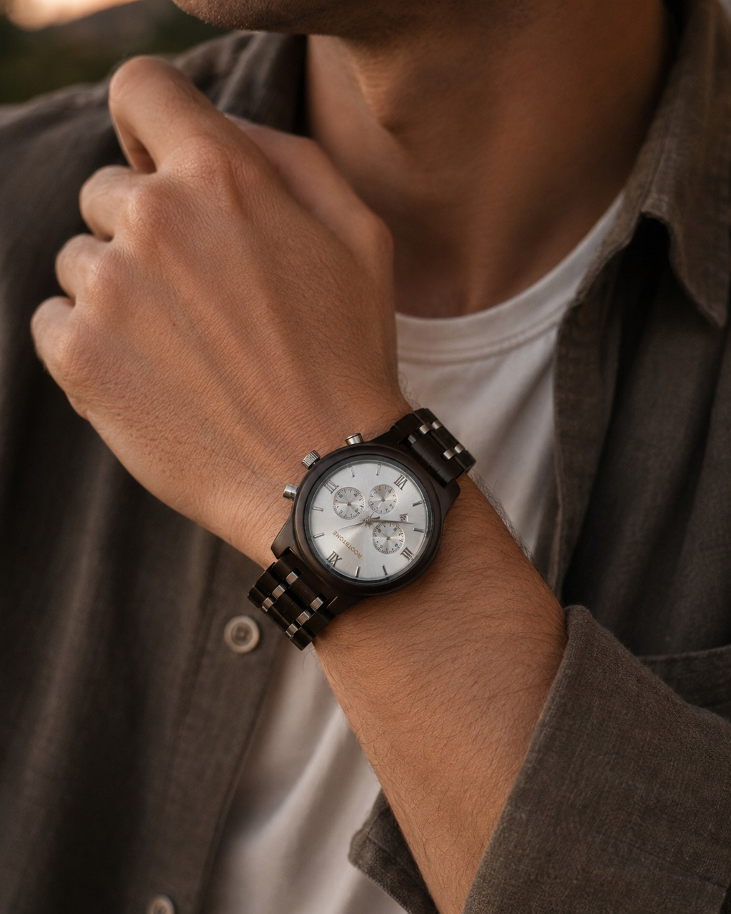 Rootstone SØLVSKOG Herrenuhr aus Holz und Metall mit hellem Zifferblatt – Ansicht 5