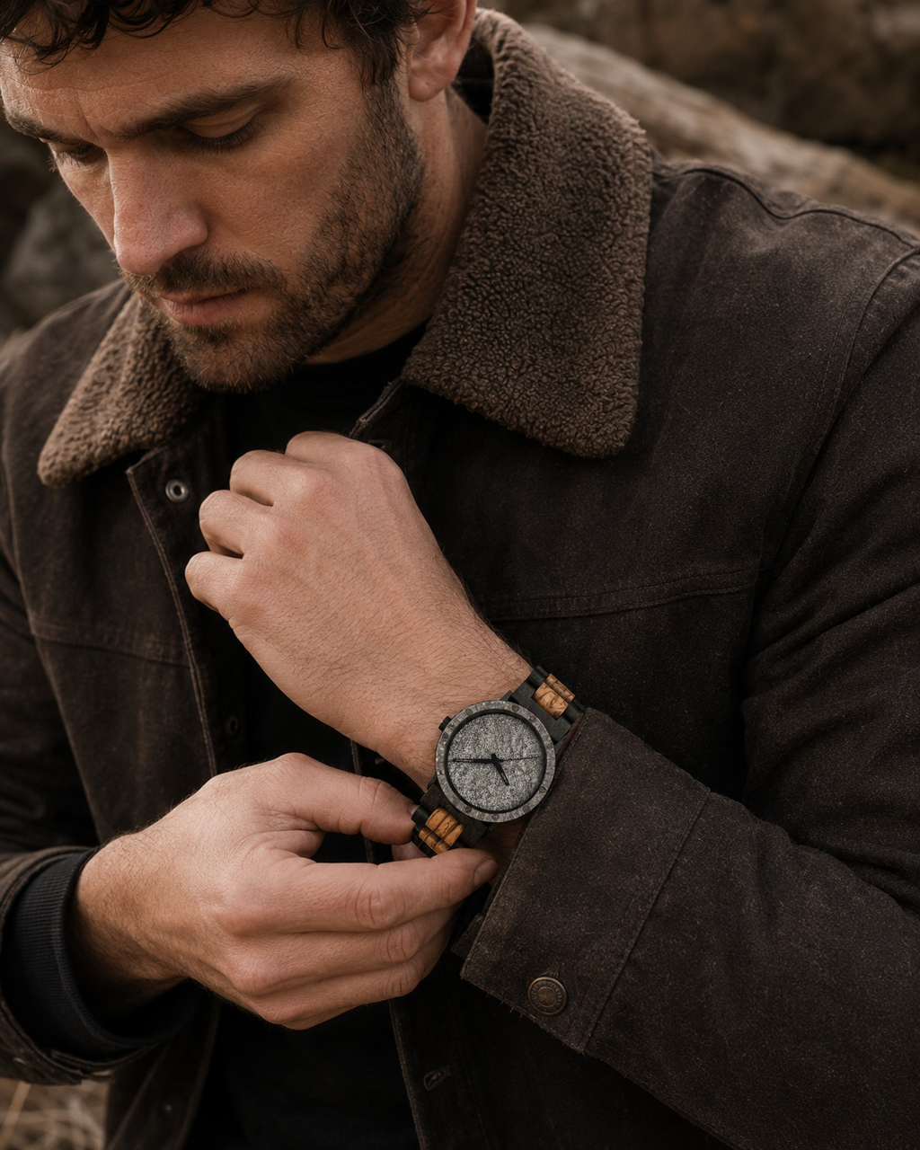 Rootstone GRÅFJELL Herrenuhr aus Holz und Metall mit grauem Zifferblatt – Ansicht 2