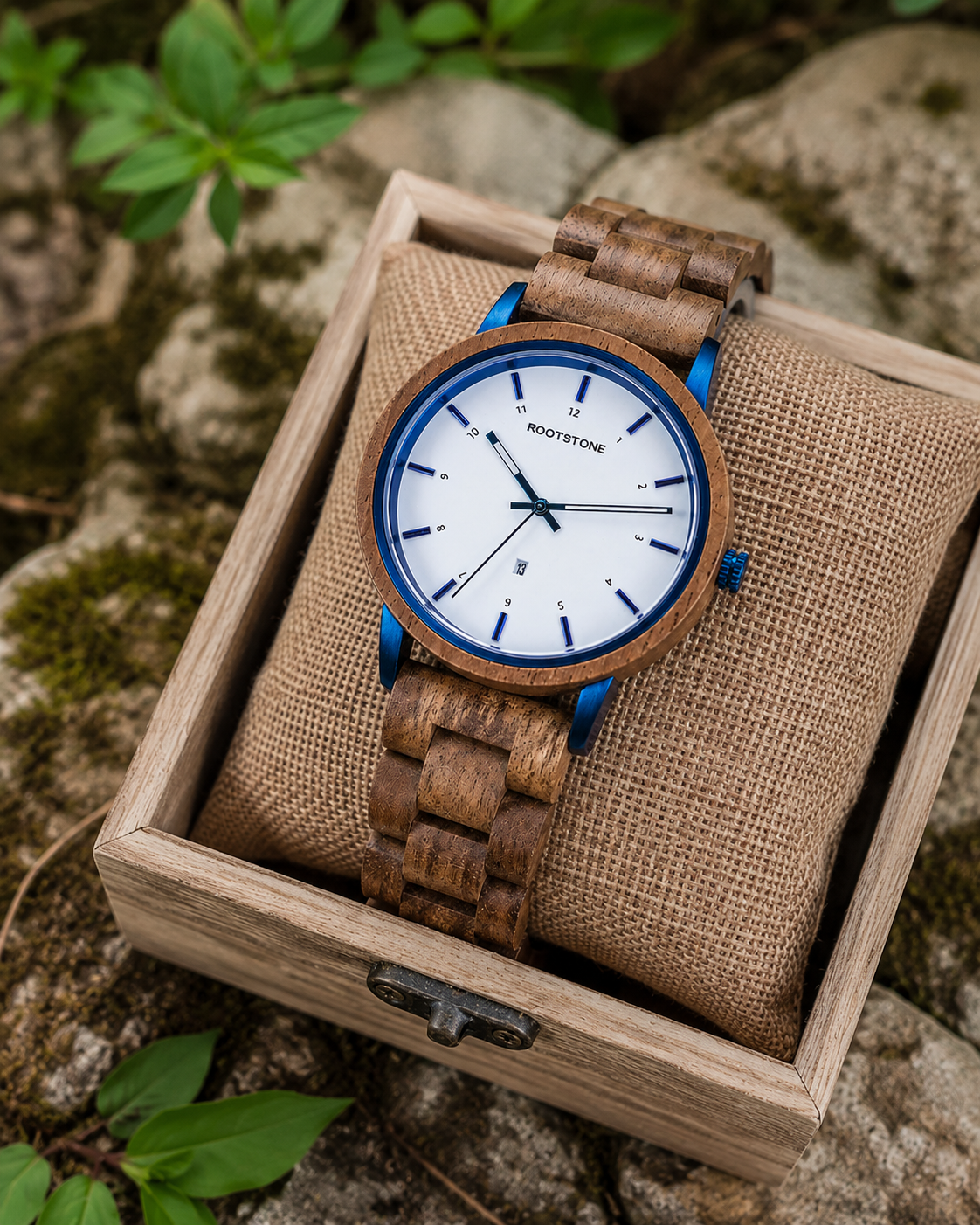 Rootstone BLÅSKOG Herrenuhr aus warmem Holz mit blauen Metallelementen und weißem Zifferblatt in einer Holzbox