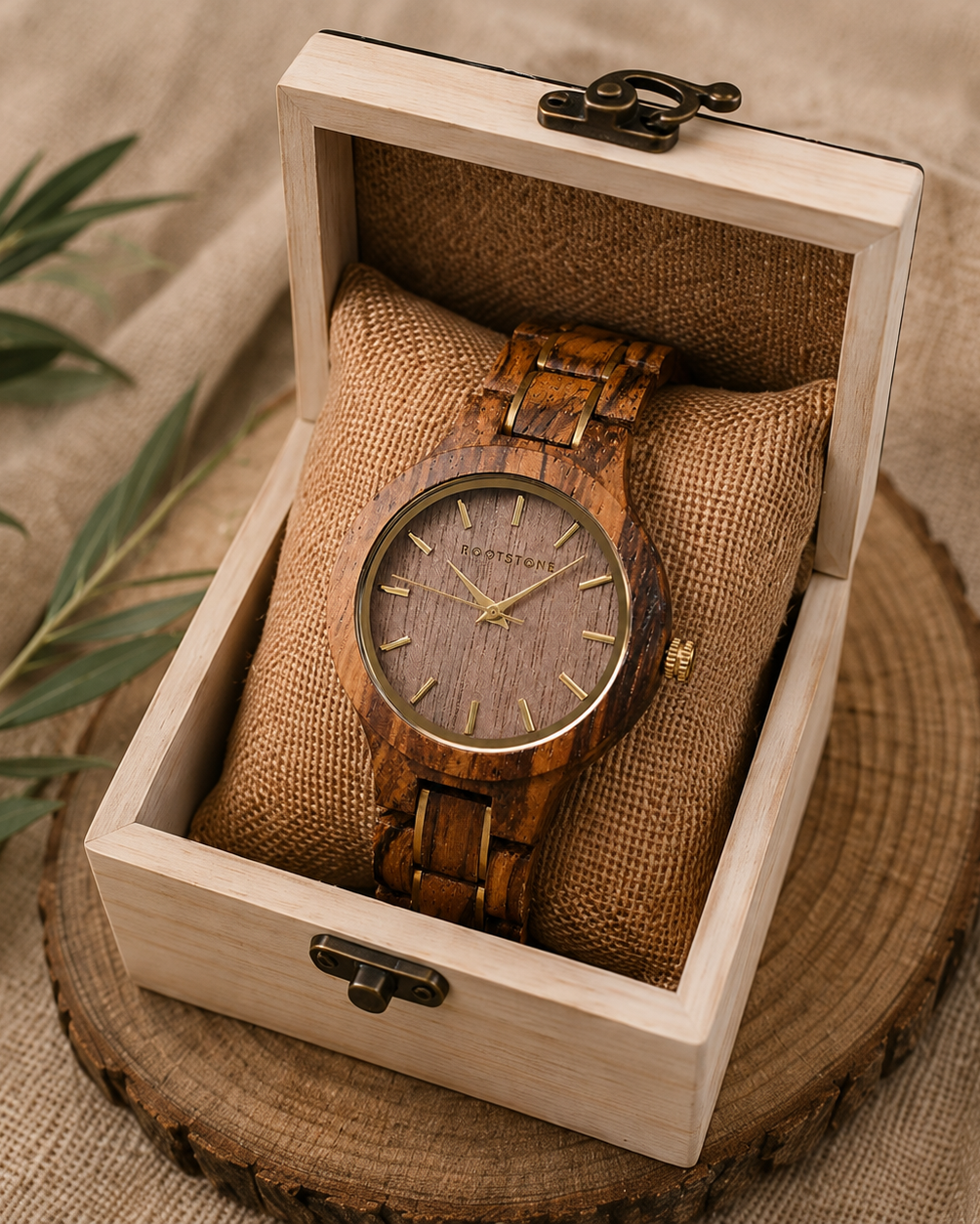 Rootstone VILDGULL Holzuhr aus Zebraholz mit goldenen Details – Ansicht 4