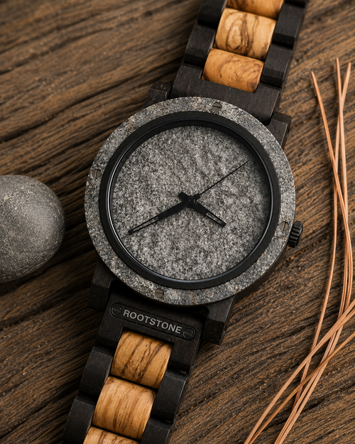 Rootstone GRÅFJELL Männeruhr aus dunklem Holz und Metall mit grauem Zifferblatt auf Holzuntergrund