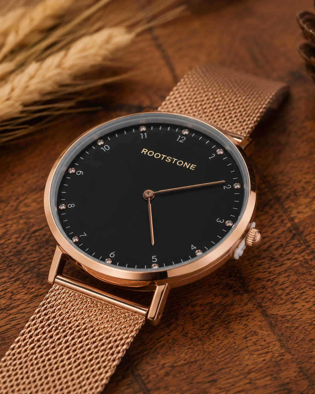 Seitliche Close-up Ansicht der Rootstone LYSARA Metalluhr mit roségoldenem Mesh-Armband