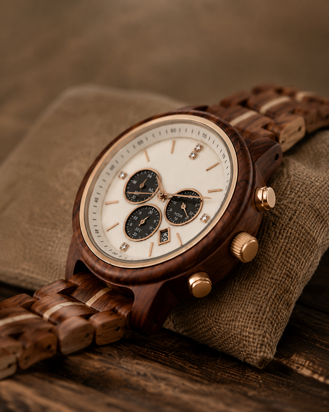 Rootstone ROSENGLØD Damenuhr aus warmem Holz mit roségoldfarbenen Details und hellem Chronographen-Zifferblatt