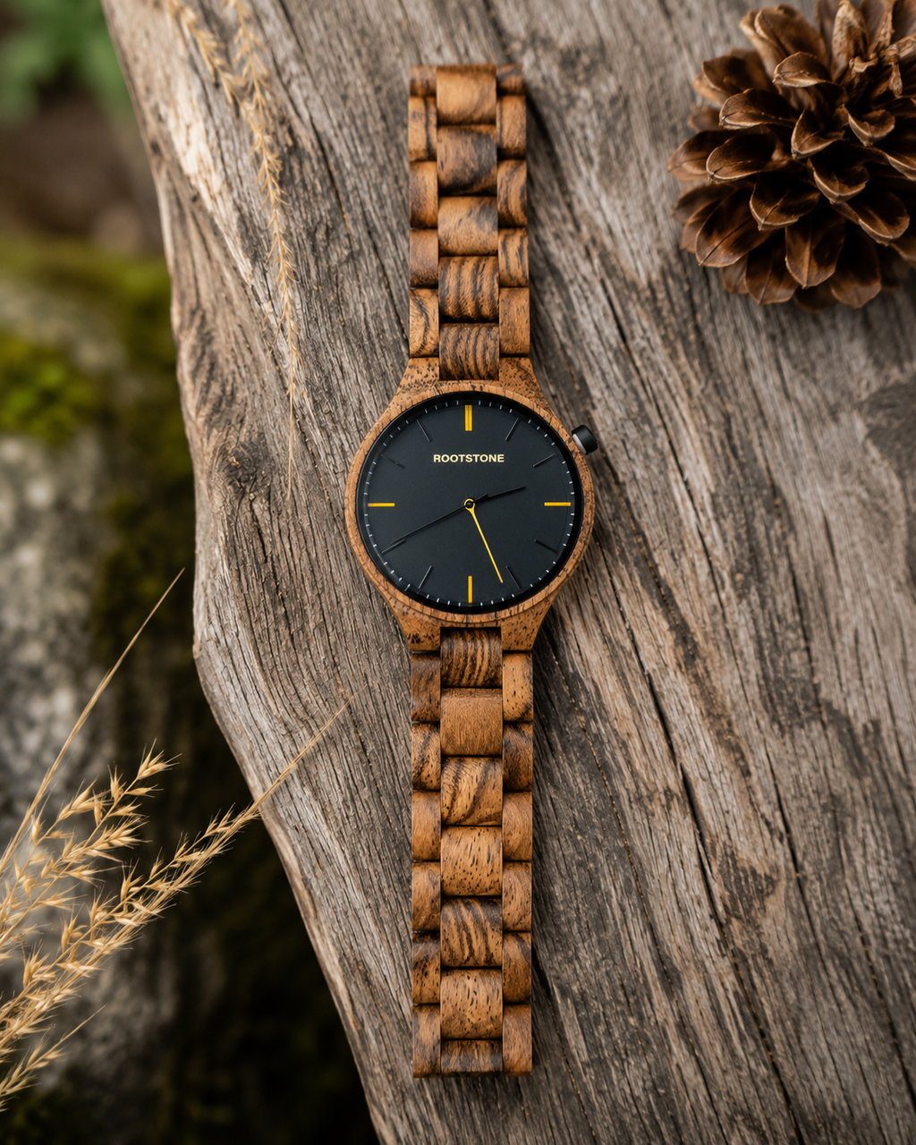 Flachansicht der Rootstone SKOGTIND Männeruhr aus Snakewood und Metall auf verwittertem Holz